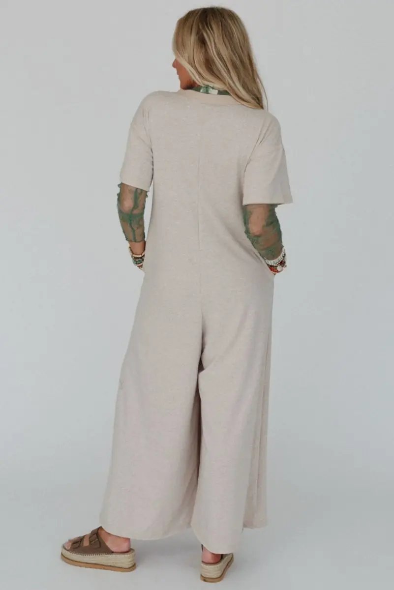Beige Half Placket Chest Pockets Short Sleeve Wide Leg Jumpsuit - Love Salve